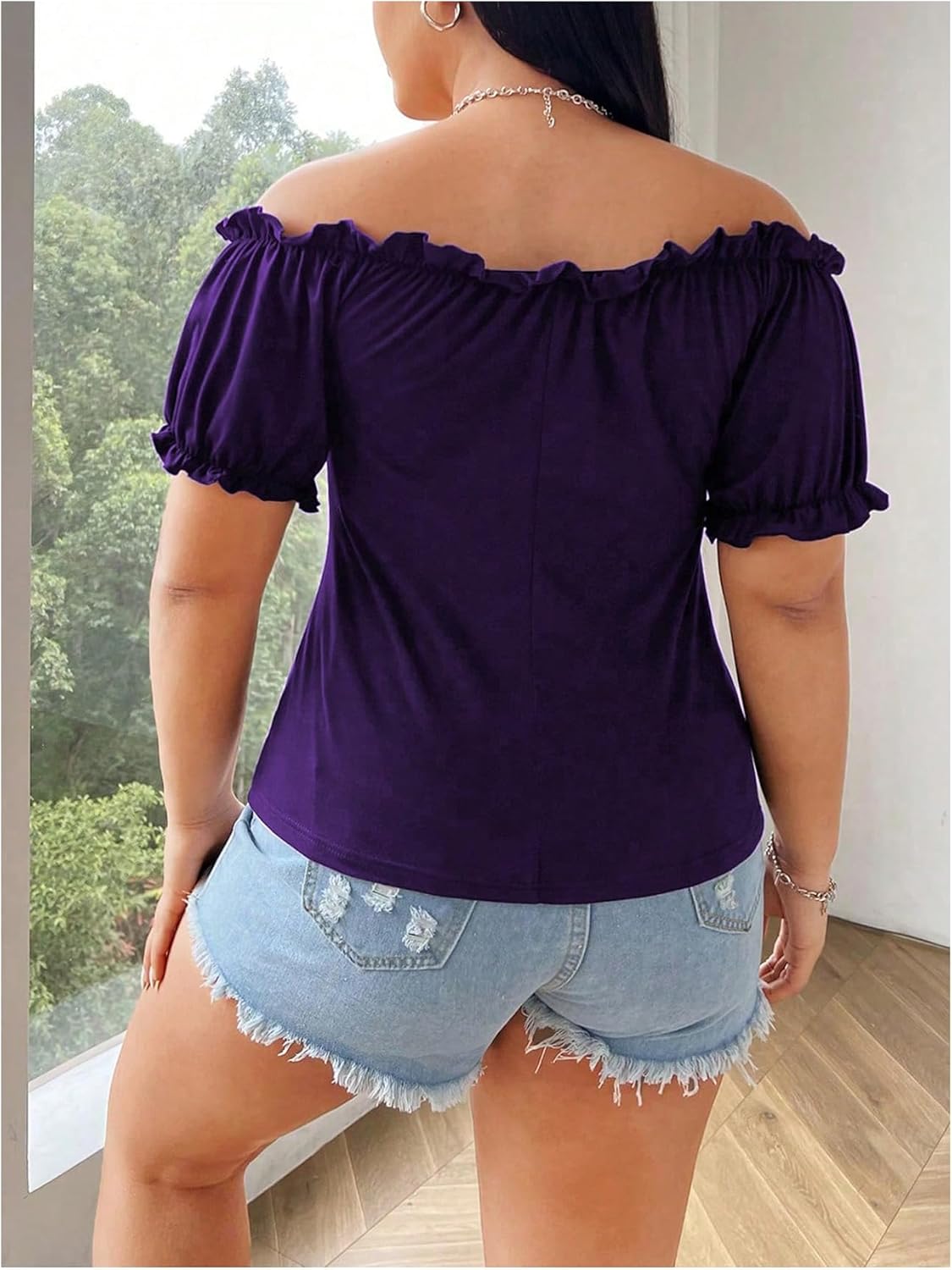 WDIRARA Women's Plus Size Off The Shoulder T Shirt Tie Front Puff Sleeve Tee Ruched Going Out Tops - Image 2