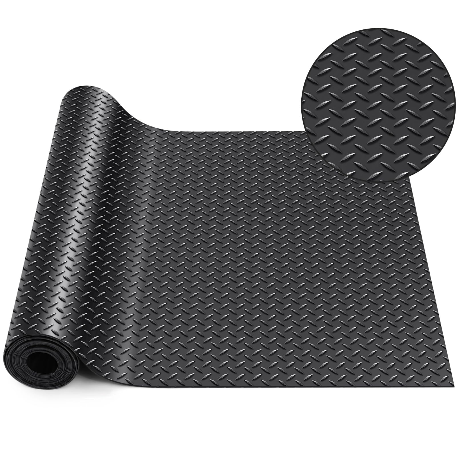 Breling 18 in × 10 ft Rubber Diamond Plate Rolls Garage Floor Mat for Under Car, Heavy Duty Flooring Rug for Trailers Garage, PVC Water/Stain Outside Stall Resistant Parking Rv Tool (Black)