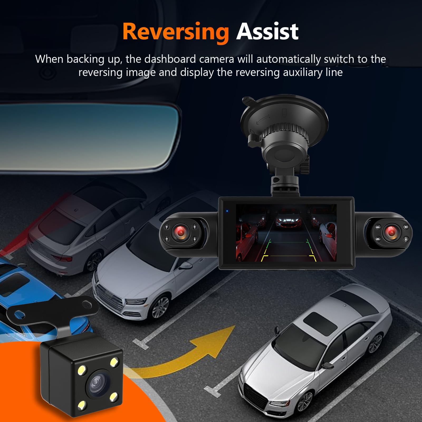 Mirror Dash Cam 4 Channel Front Rear, 3 inch Rückspiegel Kamera mit G-Sensor/Parking Monitoring/Night Vision 360 Grad Schutz+ 64GB Karte