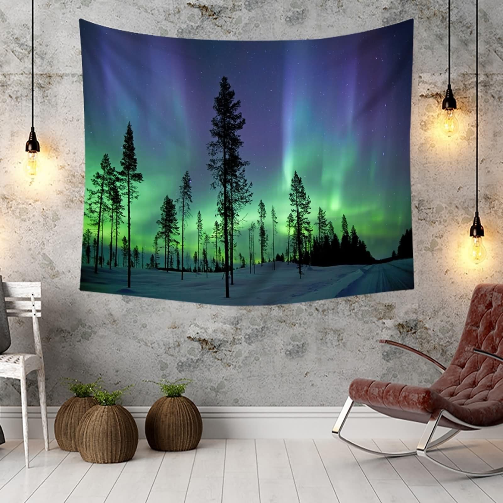 Tapiz bohemio grande, vintage, Aurora y árboles, azul, lila, verde, 240 x 220 cm