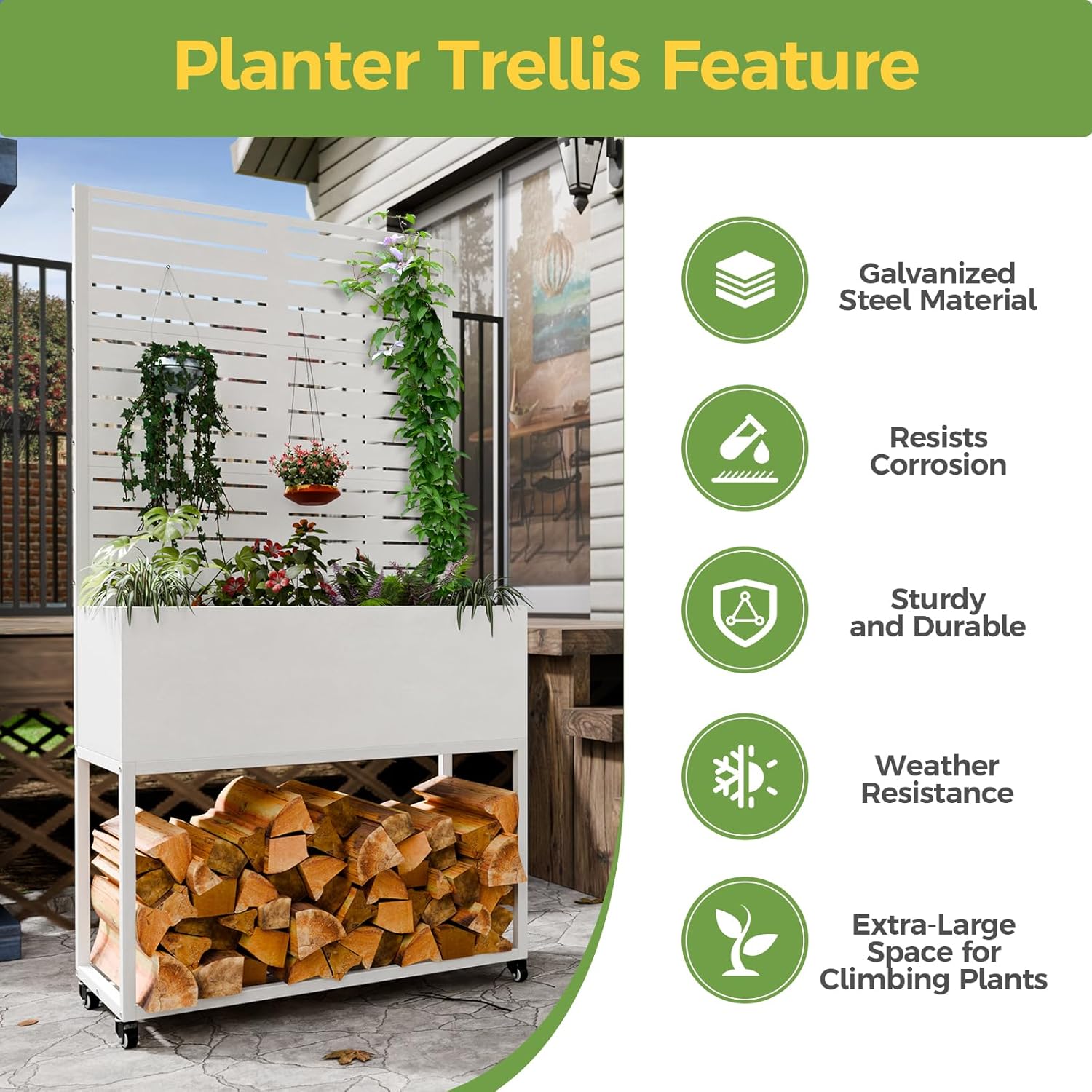 Metal Planter Box with Trellis, 3 in 1 Raised Garden Bed with Trelli & Firewood Rack, Privacy Planter Screen for Climbing Plants, Vine, Outdoor Garden Standing Beds with Drainage Holes, Wheels,White