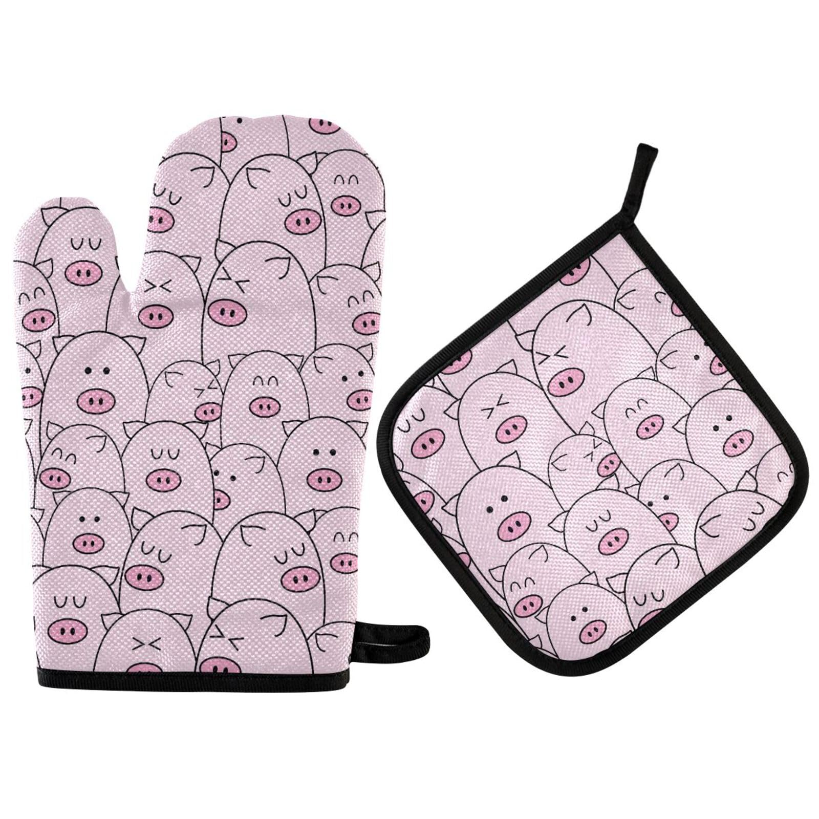 ZZXXB Pink Pig Oven Mitts and Pot Holders Set of 2 Heat Resistant Non-Slip Kitchen Gloves for Cooking Baking Barbecue Grilling