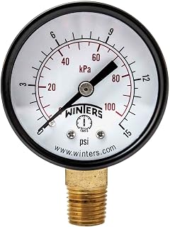 Winters PEM Series Steel Dual Scale Economy Pressure Gauge, 0-15 psi/kpa, 2" Dial Display, -3-2-3% Accuracy, 1/4" NPT Bottom Mount