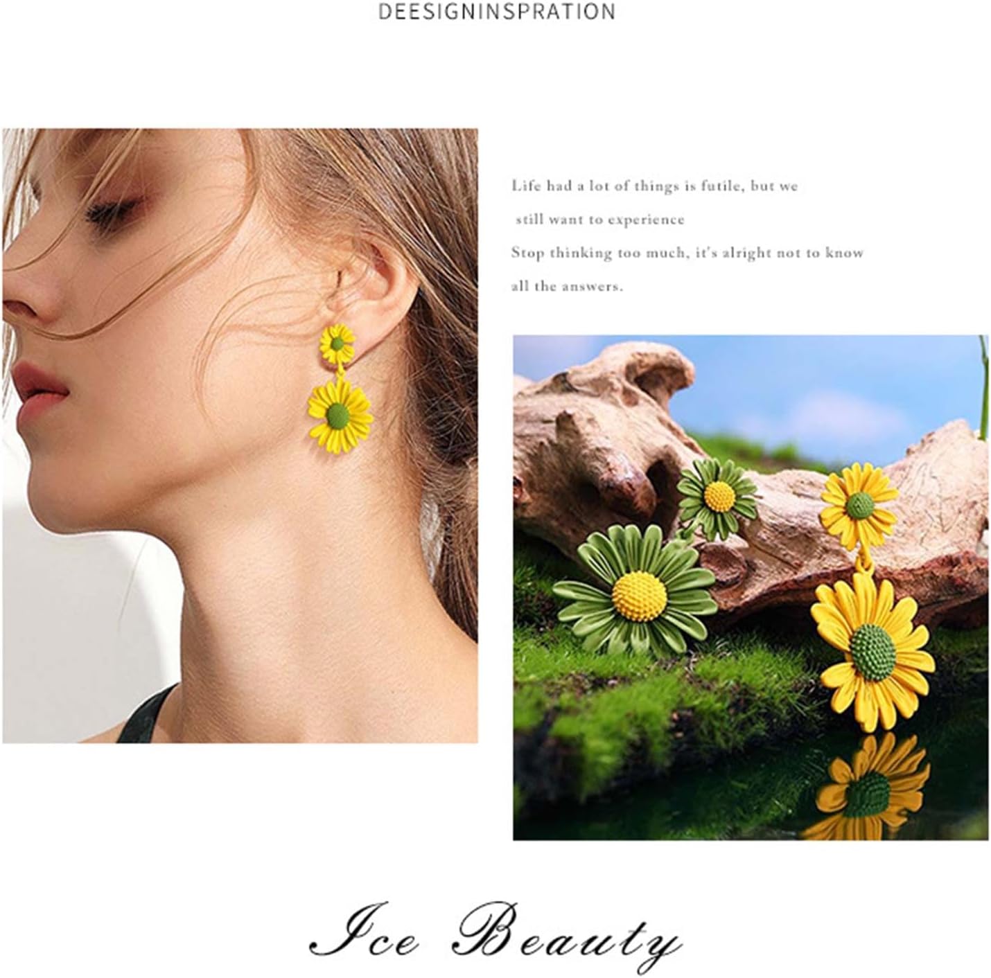 Pink Flower Dangle Earrings Double Daisy Flower Enamel Earrings Boho Metal Floral Stud Earrings Matte Flower Statement Earrings Bridal Jewelry for Women - Image 7