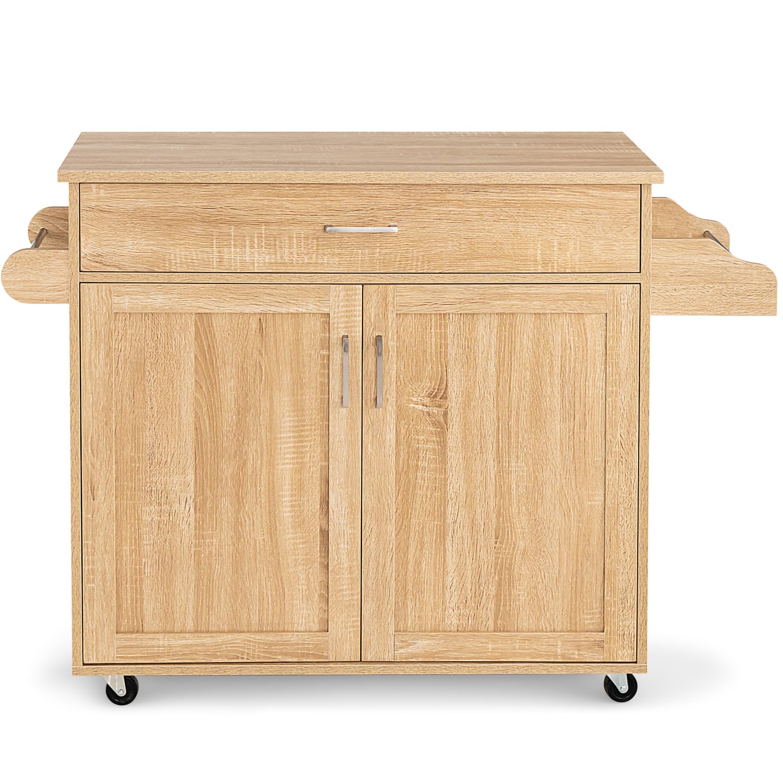 RELAX4LIFE Carro de cocina grande con ruedas correderas con frenos de pedales, carro de servicio de madera barnizada con armario y cajones espaciosos, 136 x 76 x 91 cm (natural)