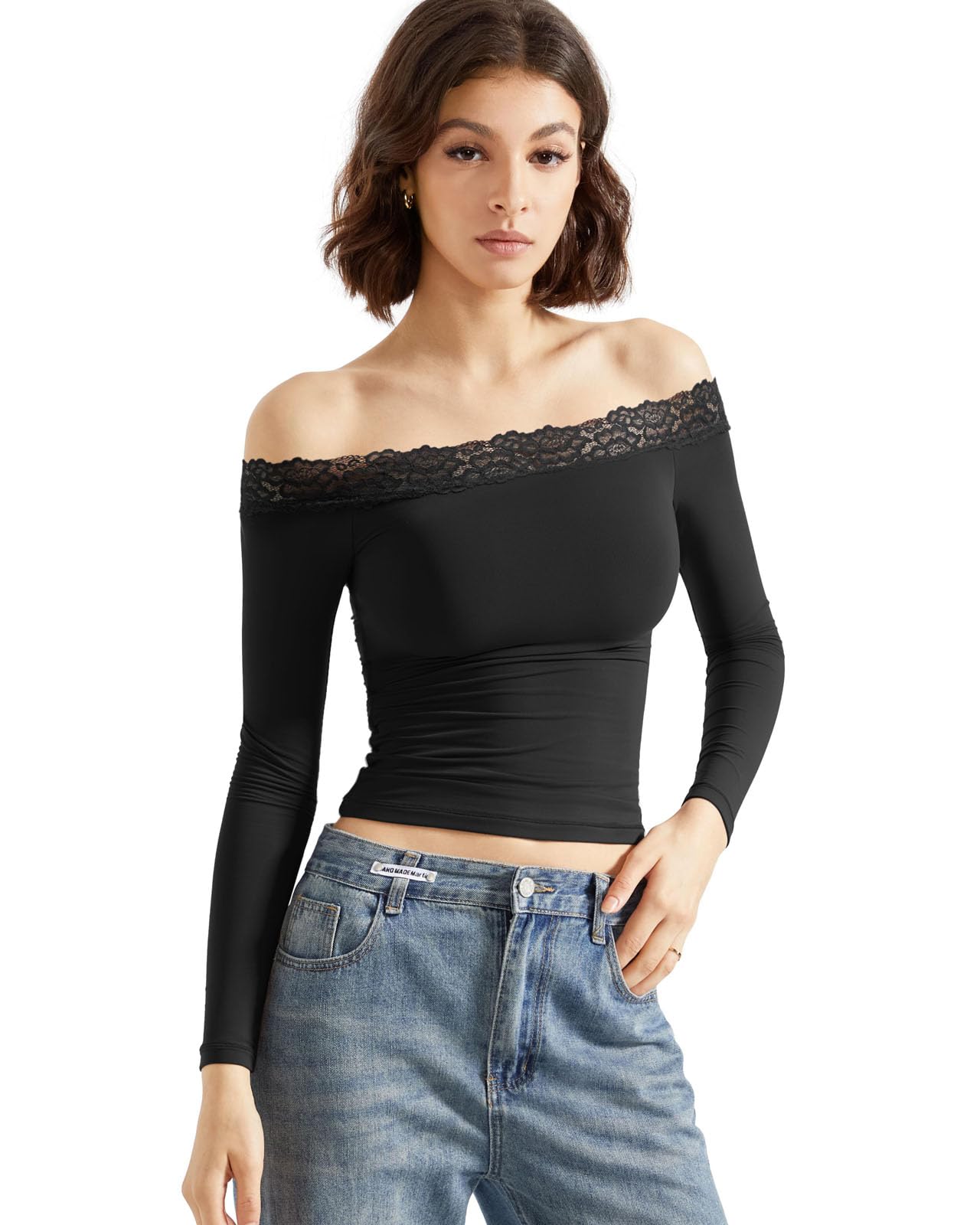 Women Off Shoulder Double Lined Long Sleeve Shirts Basic Going Out Tops