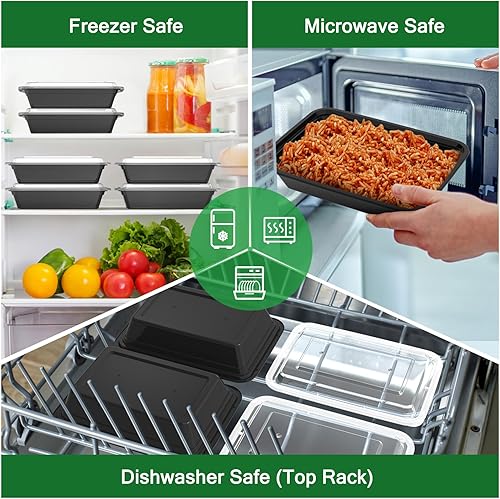 Miniatura 5 de Paquete de 50 recipientes (100 piezas) de 32 onzas reutilizables con tapas fáciles de abrir, resistentes a prueba de fugas, aptos para microondas,