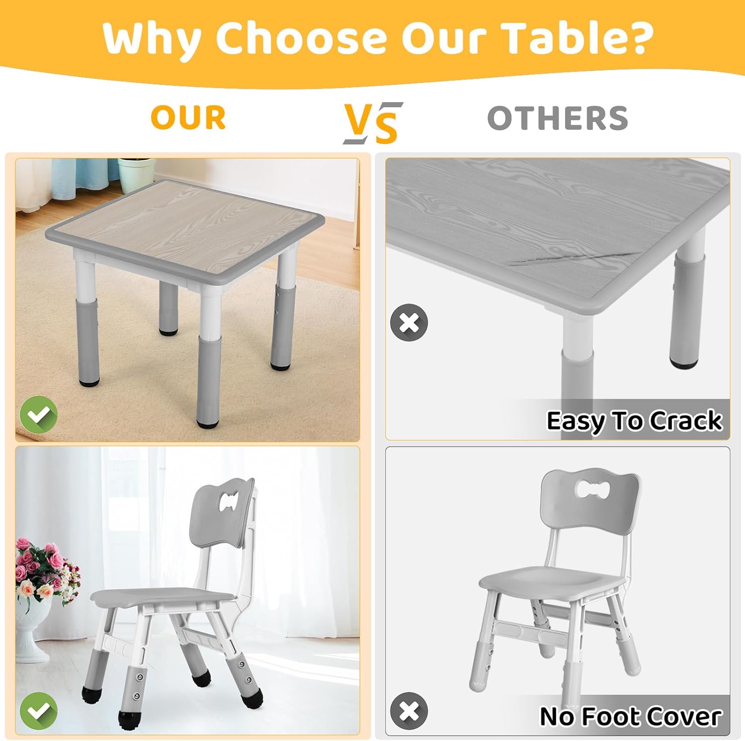 Arlopu Kids Table and 4 Chairs Set, Height Adjustable ((18.9"–23.6"), Anti-Slip Childrens Activity Desk, Wipe-Clean Desktop, Montessori Learning, Drawing for Toddler, Classroom, Home & Daycare (Grey)