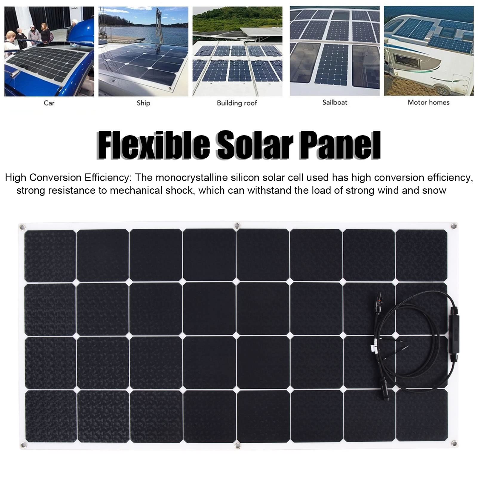 Cocoarm Pannello Solare Pannello Solare Flessibile in Silicio Monocristallino 100W Superficie PET Impermeabile Uscita 18V Resistente Agli Urti per da Campeggio Alimentatore da Tetto per Barche Marine