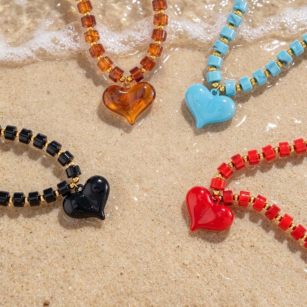 Bounzhi Statement Chunky Heart Pendant Necklace for Women Boho Resin Beaded Choker Jewelry Gift