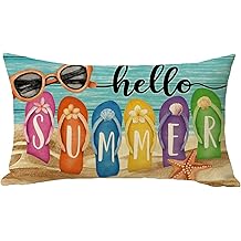 Hello Summer Beach Flip Flops Lumbar Decorative Throw Pillow Cover 12 x 20, Rectangular Coastal Sea Ocean Outdoor Home Decor, Sunglasses Starfish Seasonal Couch Cushion Case
