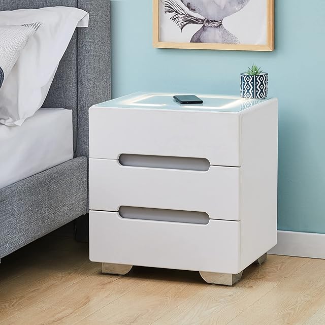 LEMROE Bedside Table with Smart Wireless Charger Nightstand with 3 Drawers Bedroom Cabinet with Adjustable LED Light Home Bedroom Furniture (3 drawers, White)