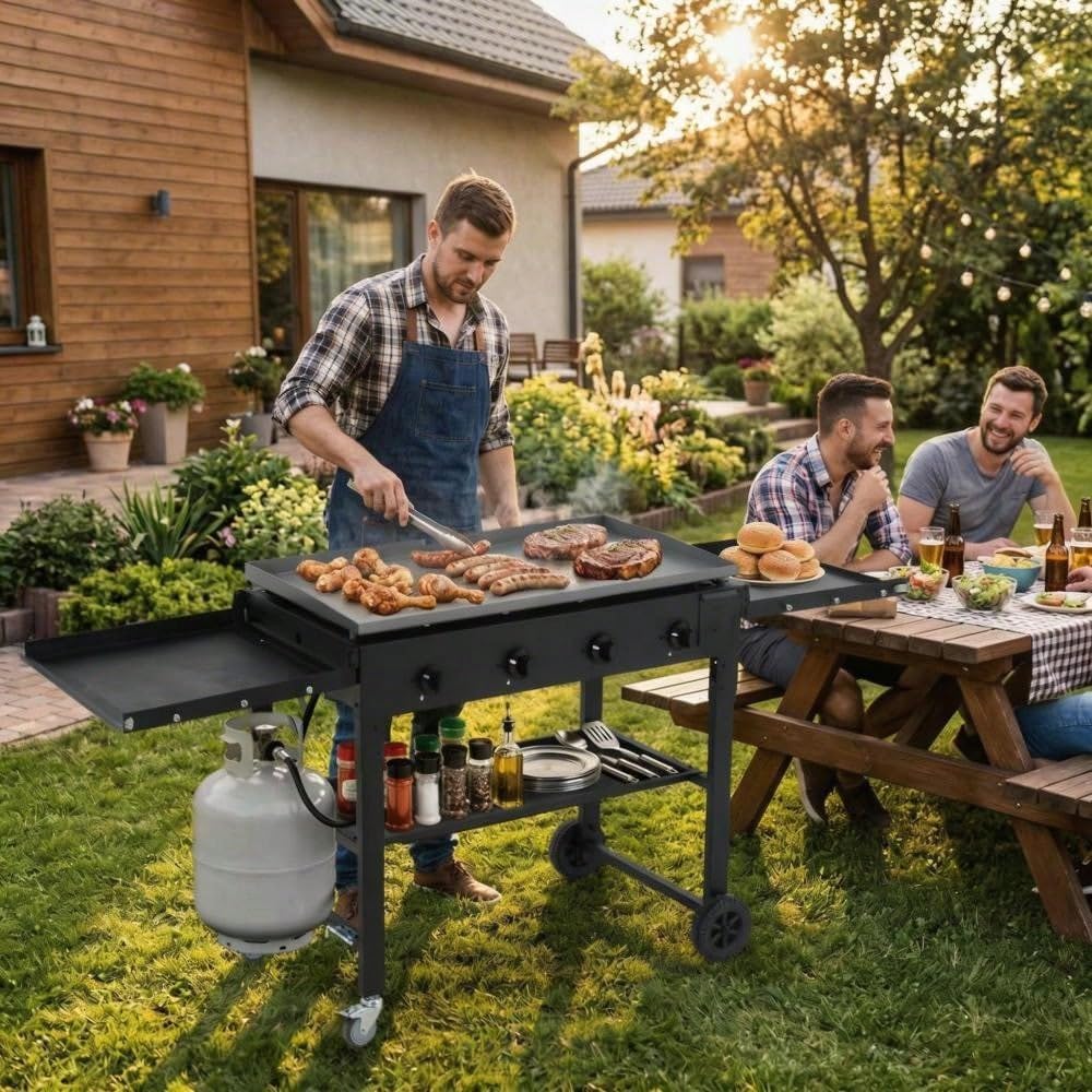 PeakPursuit 36 Inch Flat Top Grill, 4-Burner Gas Griddle (60,000BTU), Propane Griddle with Wheels, Foldable Shelves for Outdoor BBQ, Pan-Frying & Grilling