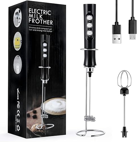 Espumador de leche eléctrico de mano, espumador de café recargable por USB con 2 batidores de acero inoxidable, mini licuadora ajustable de 3
