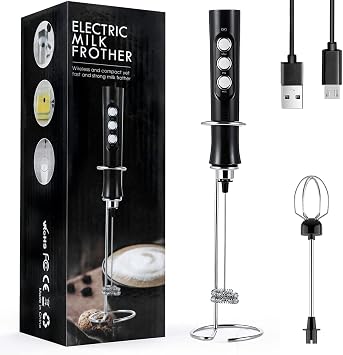 Milk Frother Handheld Electric Foam Maker USB Rechargeable Coffee Frother with 2 Stainless whisks, 3 Speed Adjustable Mini Blender for Coffee, Latte, Cappuccino, Egg Whisks, Hot Chocolate Black
