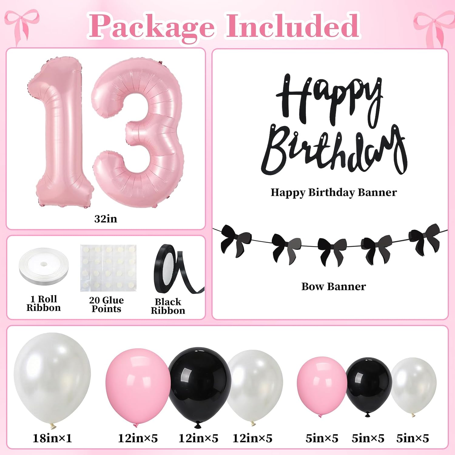 38Pcs Happy 13th Birthday Decorations for Girls White Pink and Black Birthday Balloons/13 Balloon Numbers/Black Happy Birthday Banner/Butterfly Banner, 13 Year Old Girl Birthday Party Decor Supplies