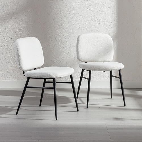 HEAH-YO Juego de 2 sillas de comedor modernas, tapizadas de tela de lana de cordero con respaldo y marco de metal negro, cómodas sillas sin brazos