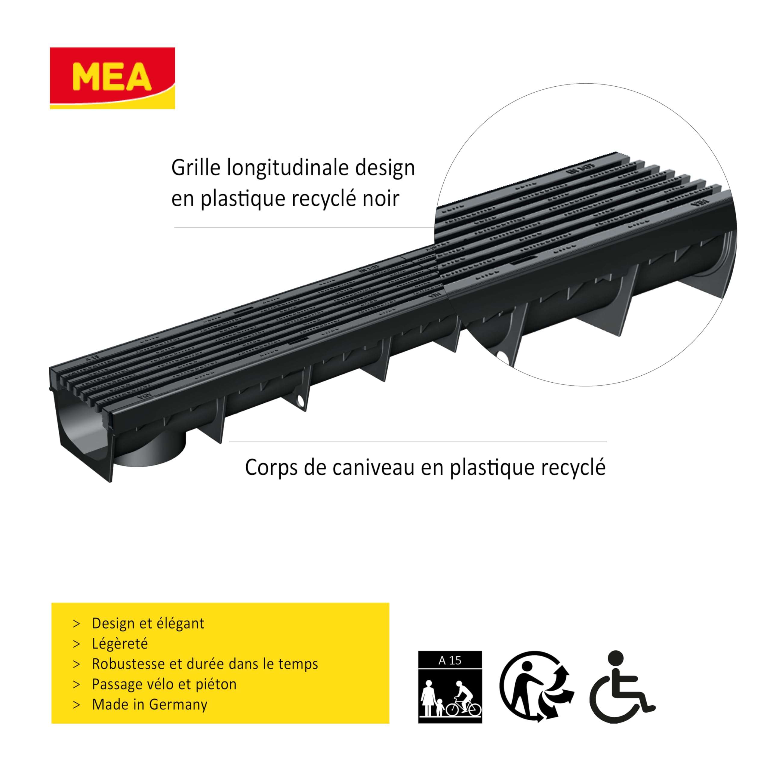 MEA Pack de 3 Caniveaux Extérieurs MEAPARK – Grille Plastique Recyclé Noir – Drainage Terrasse – Classe A15 Piéton – Largeur 10 cm