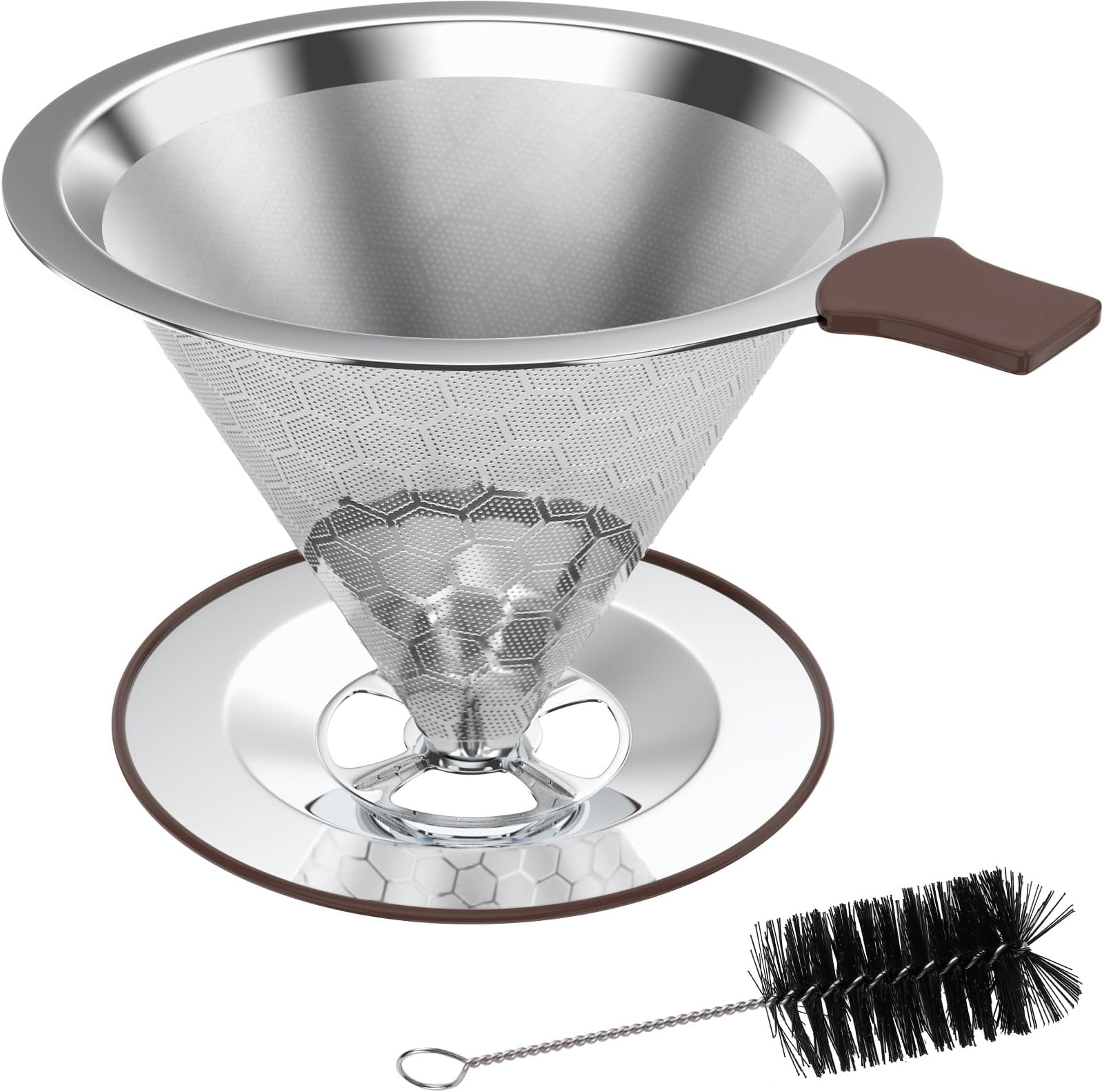 Pour Over Coffee Dripper, Paperless Reusable Coffee Filter, Pour Over Coffee Maker for Single Cup Brew, Double Mesh Design of Stainless Steel Cone Filter 3-4 Cups