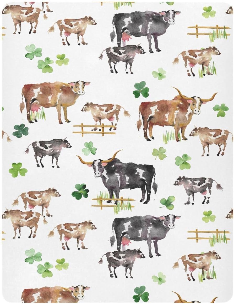 vvfelixl Crib Sheets for Boys Girl Farm Animals Cows Shamrocks Breathable Mini Crib Mattress Sheets Fitted,Toddler Baby Sheets for Crib Mattress Soft & Breathable 39 * 27 * 5In White