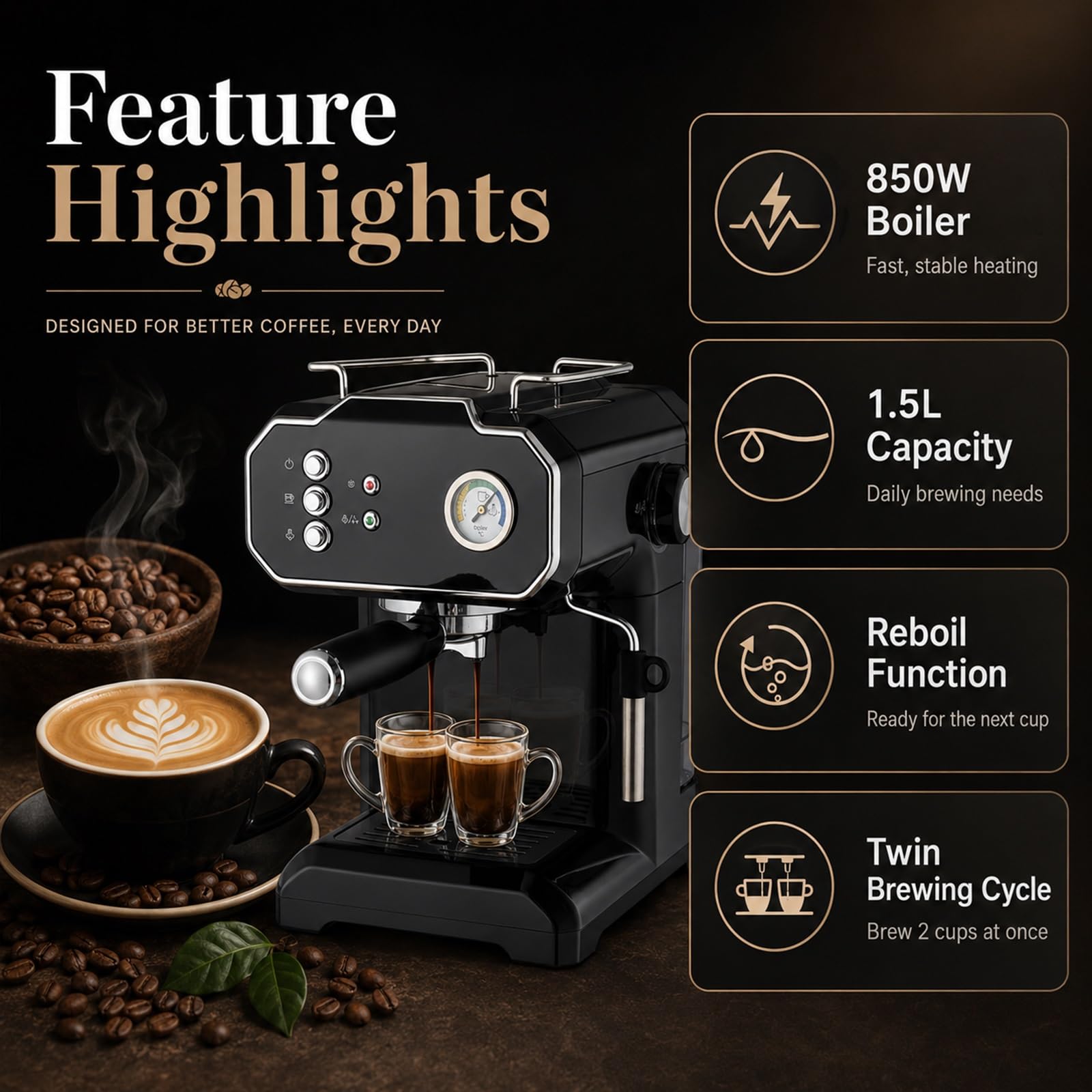 Cafetera Espresso De 15 Bares, Máquina Automática Con Vaporizador Para Espumar Leche, Cafetera De Alta Presión Para Cappuccino Y Latte, 850 W, Ideal Para El Hogar Y La Oficina