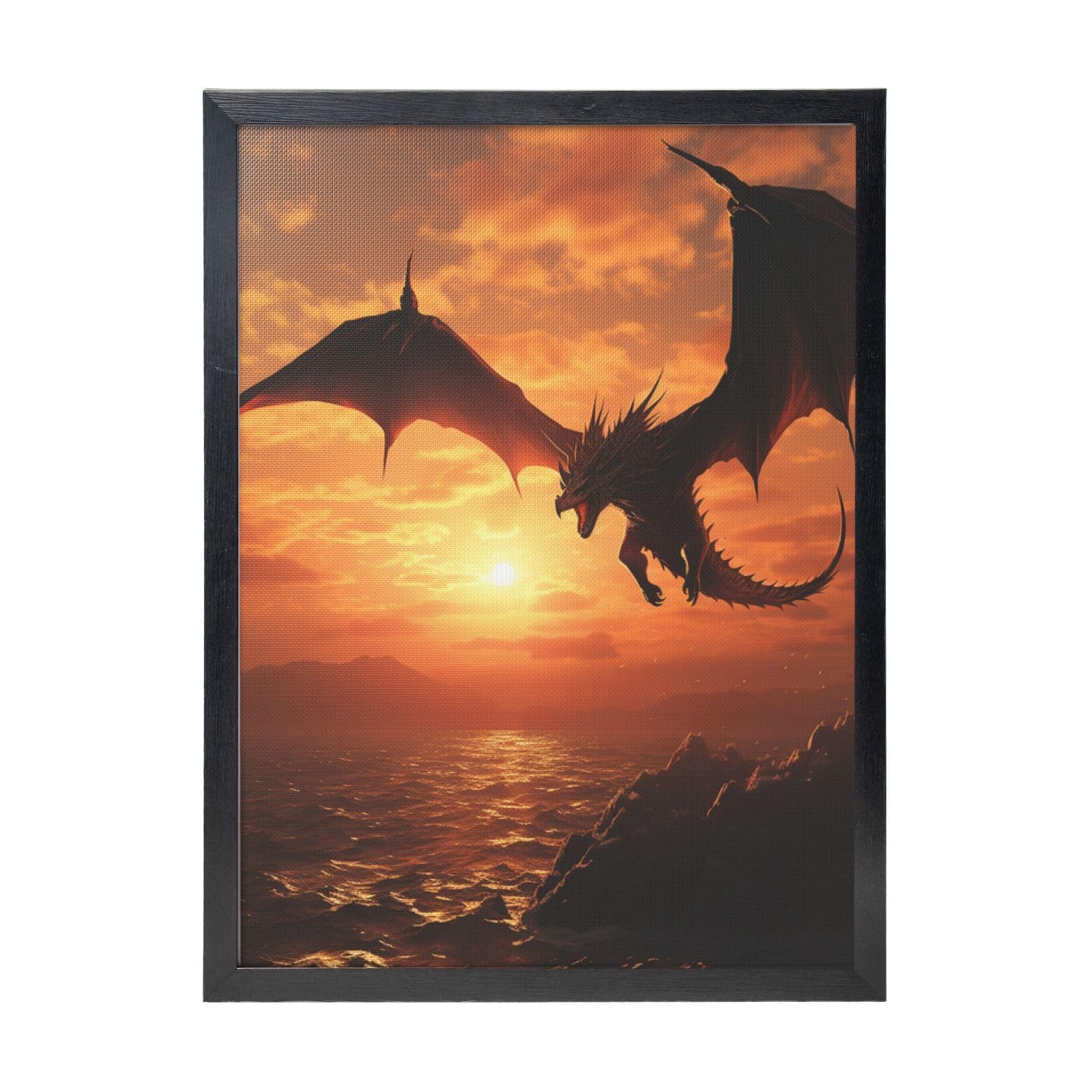 Framed Wall Art - Decorative Canvas Painting Sea Sunset Flying Dragon Pictures Poster Aesthetic Modern Prints Artwork for Bedroom Office Wall Decor Ready To Hang 12x16 in