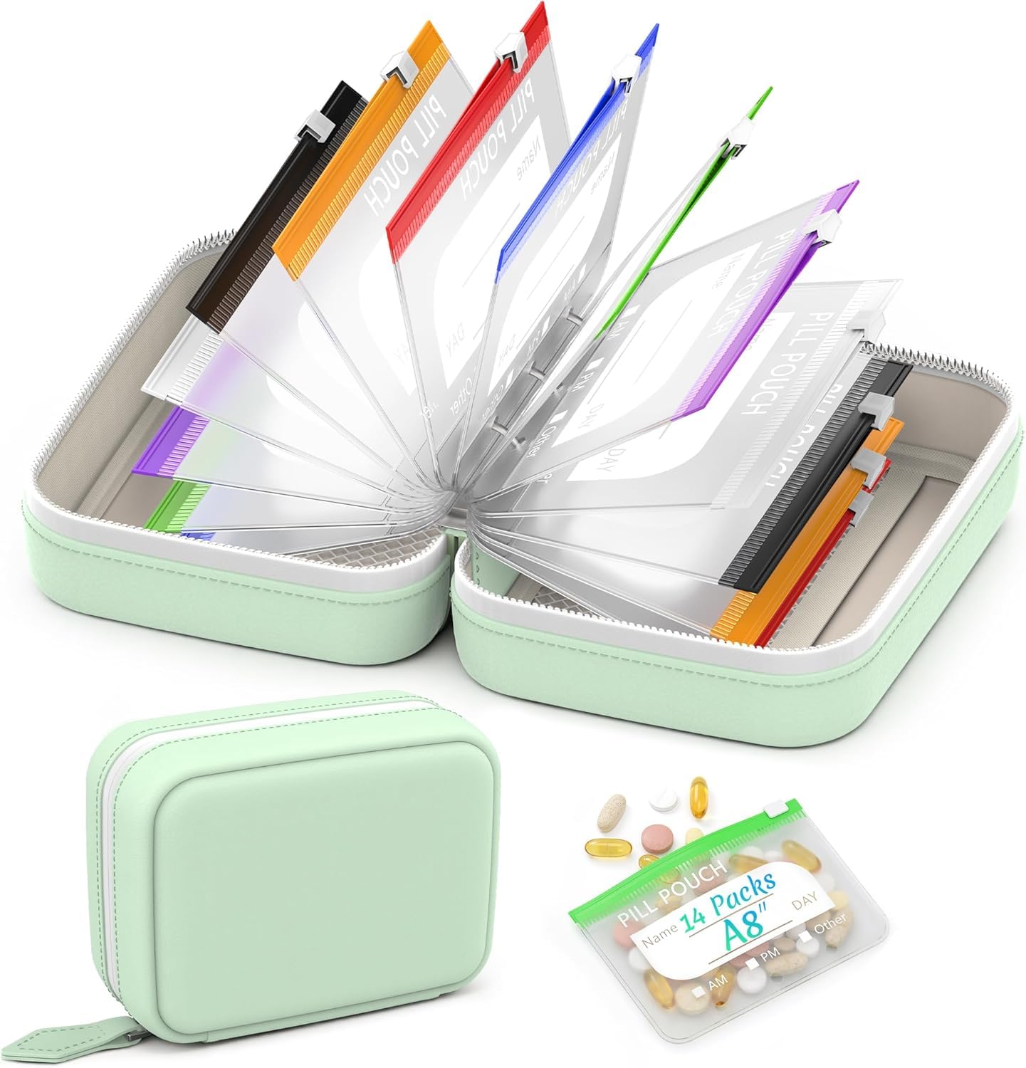 Ensemble de piluliers étanches A8 – Organiseur hebdomadaire étanche avec 14 pochettes à code couleur, organiseur de médicaments de voyage de style classeur pour vitamines, huiles de poisson (vert)