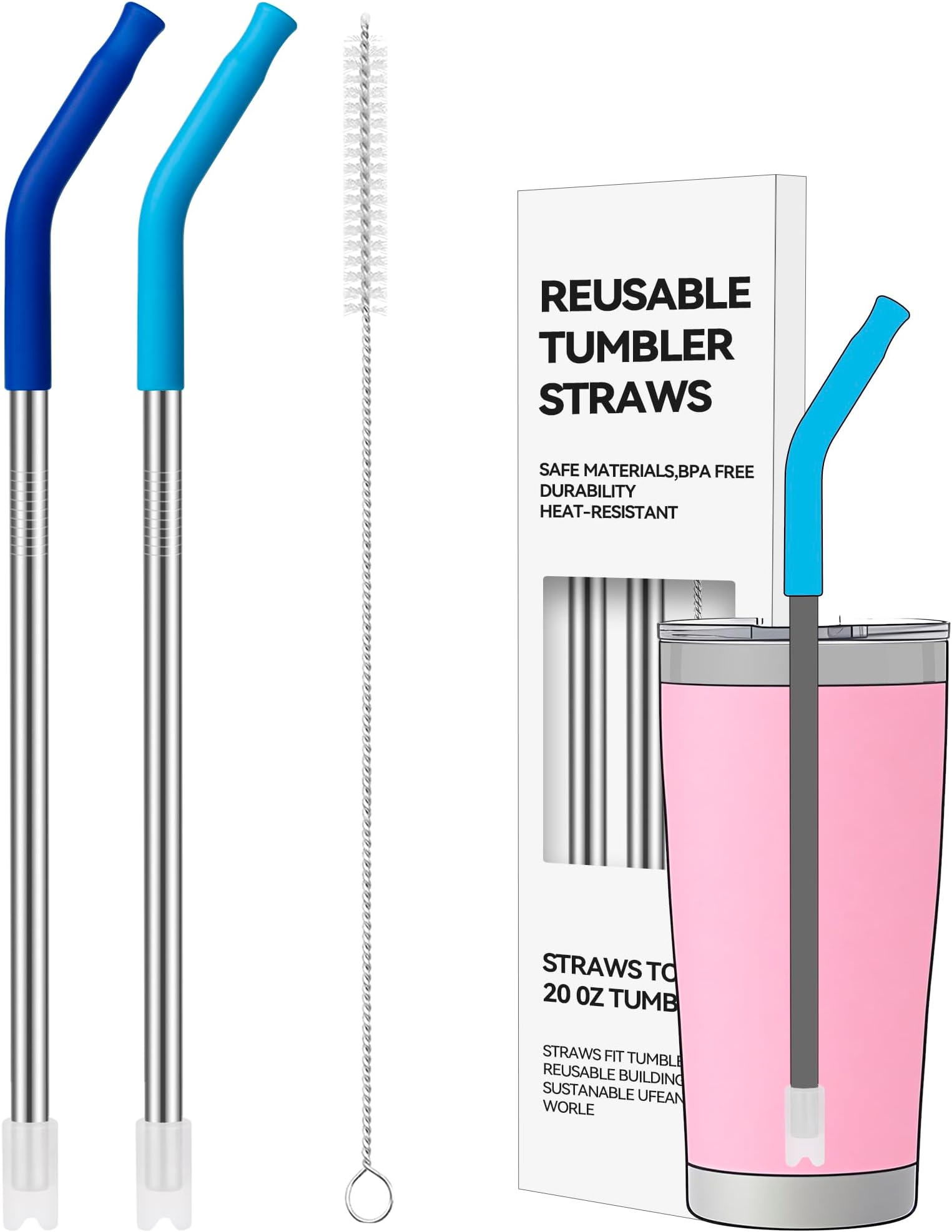 2 PCS 20 oz Straight Metal Straws with Silicone Tip for Tumbler