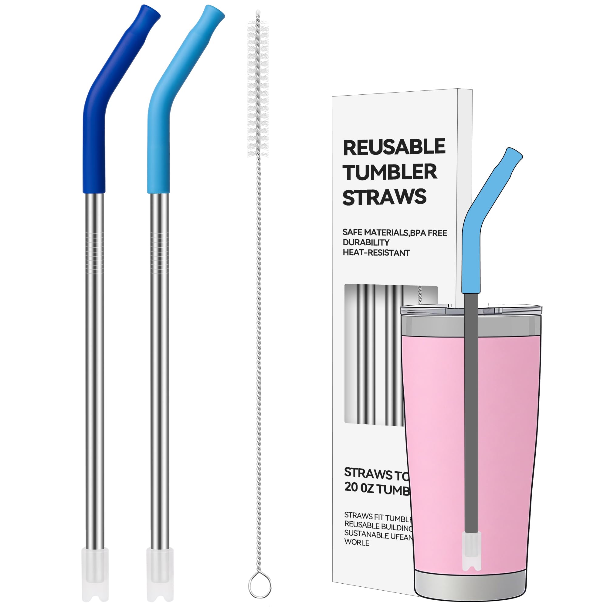 Reusable Metal Straws, 2PACK Stainless Steel Straws with Silicone Tip for 20 oz Tumbler, Long Drinking Replacement Straw for YETI, STANLEY, US Acrylio, BJPKPK, Simple Modern and so on