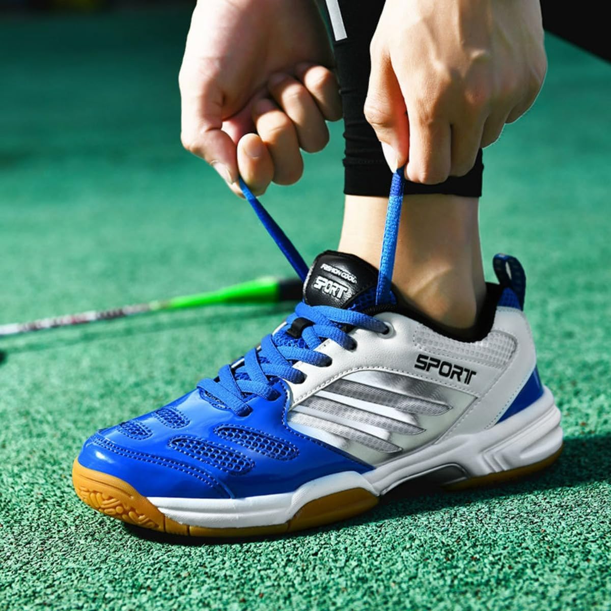 Dynamic Breathable Mesh Faux Leather Anti Slip Mens Indoor Court Shoes Badminton Tennis Pickleball Sneakers Gum Rubber Outsole Ankle Support