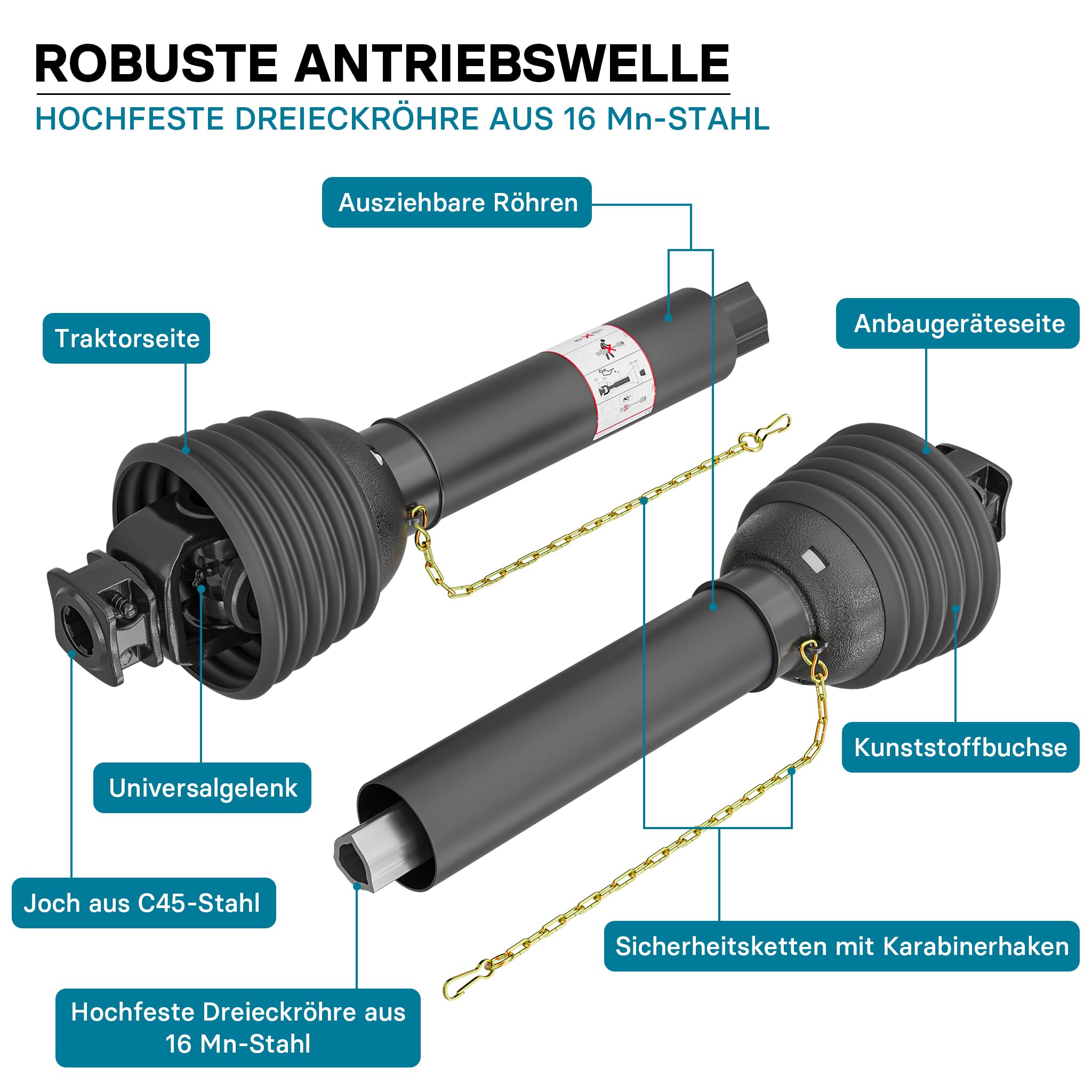Wiltec Zapfwelle T8 Gelenkwelle 850-935mm 1240Nm 540U/min, PTO-Shaft, 110kW (150PS), 2X 1 3/8" 6 Zähne