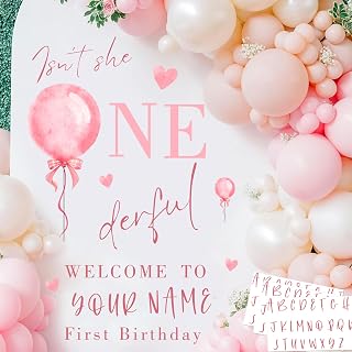 Custom Name Baby Girls Birthday 1st Signs Decals for Backdrop Isn't She Onederful First Birthday Decoration Vinyl Sticker Sweet Baby Girl Sign for Pink Balloon Arch Supplies Happy 1st Birthdays Banner