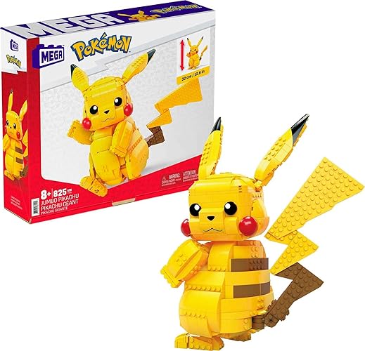 Juego de Construcción de Juguetes MEGA Pokémon Jumbo Pikachu con 806 Piezas, Articulado y Posable, 30 cm de Altura, para Niños