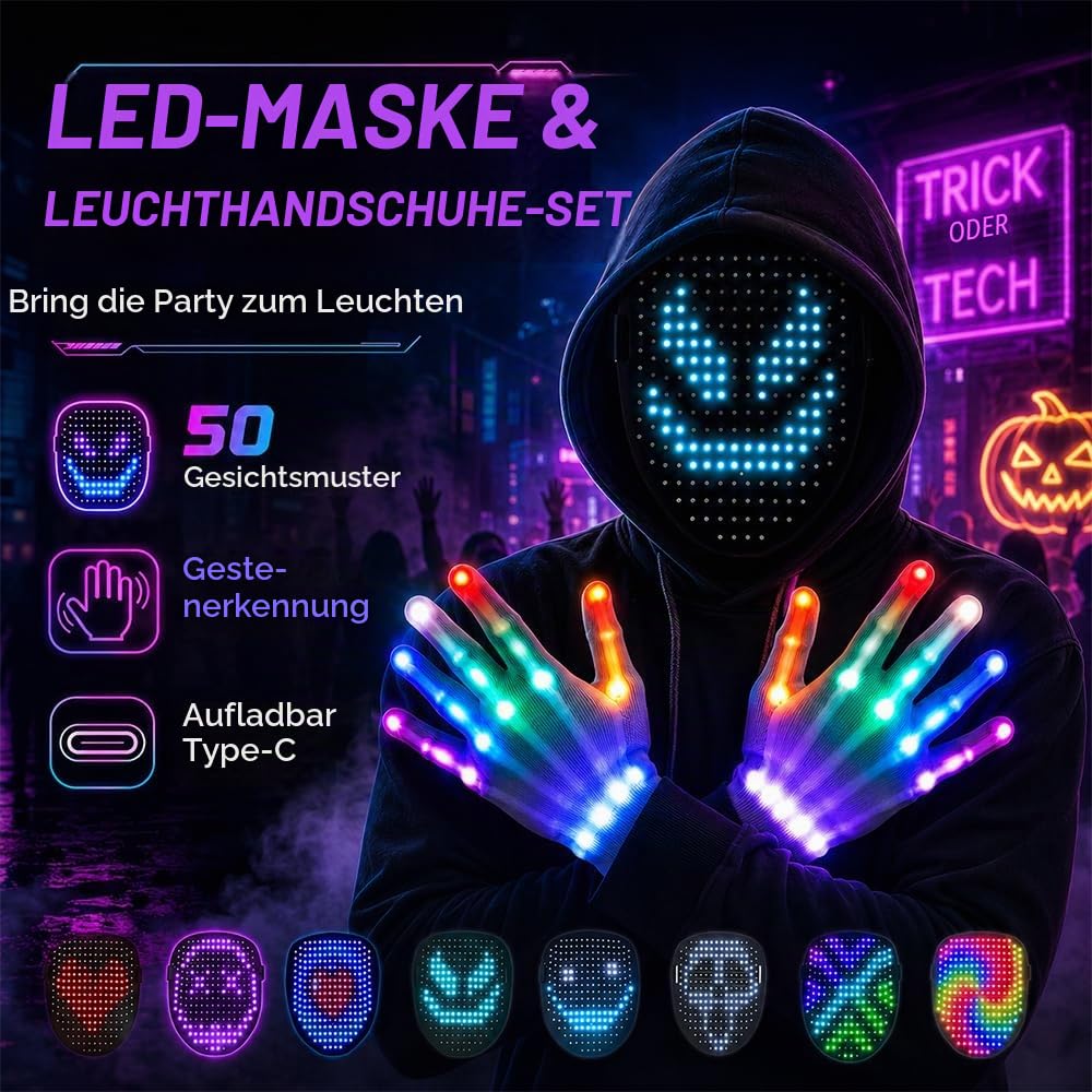 NAVESO Halloween LED Maske mit Handschuhe,LED Maske Gesicht Halloween