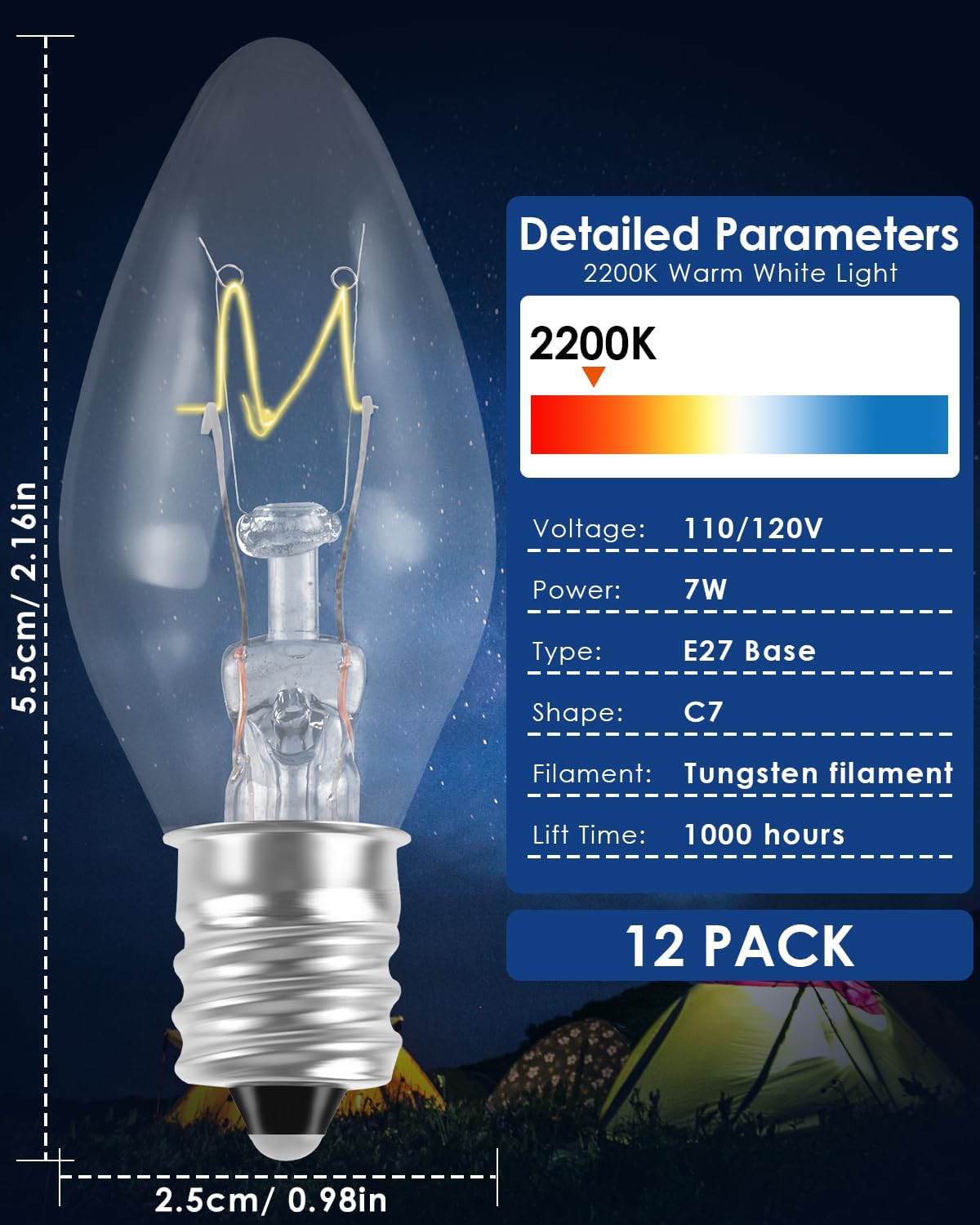PACETAP 12Pack 7W C7 Night Light Replacement Bulbs with E12 Candelabra Base for Salt Lamps, Window Candles and Chandeliers, C7 Nightlight Bulb for Outdoor String Lights Warm White 2200k