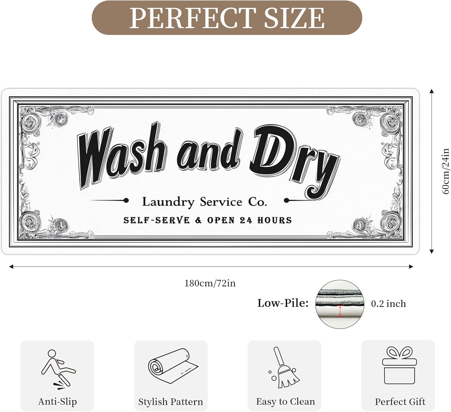 Laundry Room Rug Runner, 24"x72" Non Slip Laundry Mat Organization Washable Floor Carpet Farmhouse Decor for Kitchen Bathroom Mudroom Washroom White