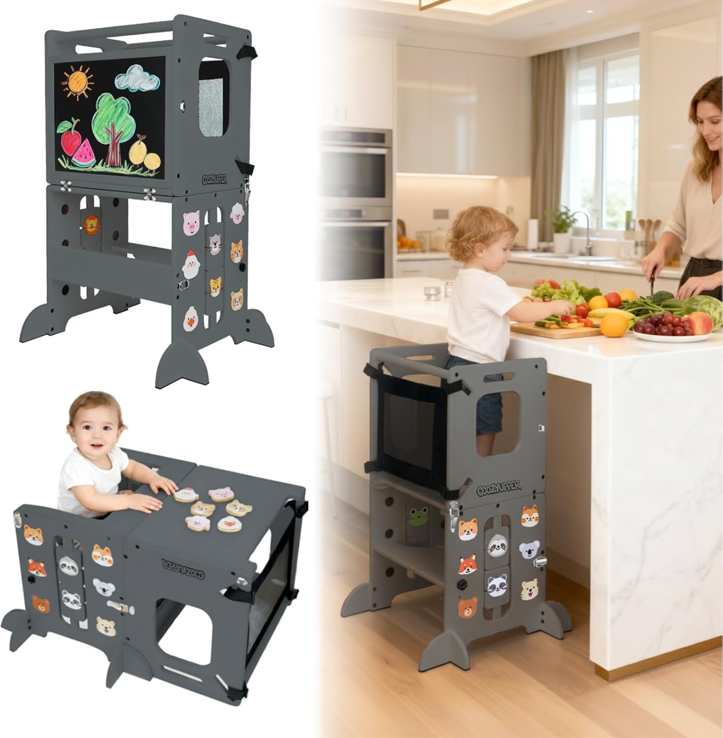 Toddler Tower Foldable, Animal Magnets Learning Kids Kitchen Step Stool, 4-in-1 Toddler Standing Tower with Blackboard, Anti-Tip Safety Feet, Foldable Wooden Helper for Ages 1–4 (CPC Certified)