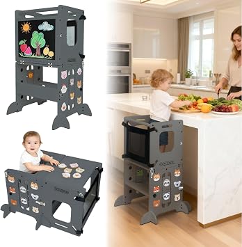 Toddler Tower Foldable, Animal Magnets Learning Kids Kitchen Step Stool, 4-in-1 Toddler Standing Tower with Blackboard, Anti-Tip Safety Feet, Foldable Wooden Helper for Ages 14 CPC Certified