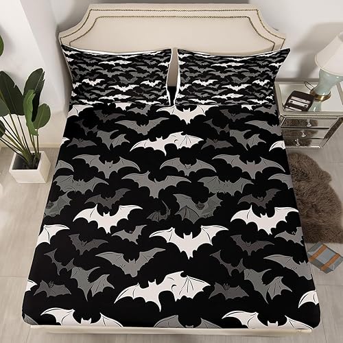 Miniatura 2 de Erosebridal Juego de sábanas góticas de Halloween con diseño de murciélagos de Halloween, diseño de sombras oscuras, diseño vintage y espeluznante