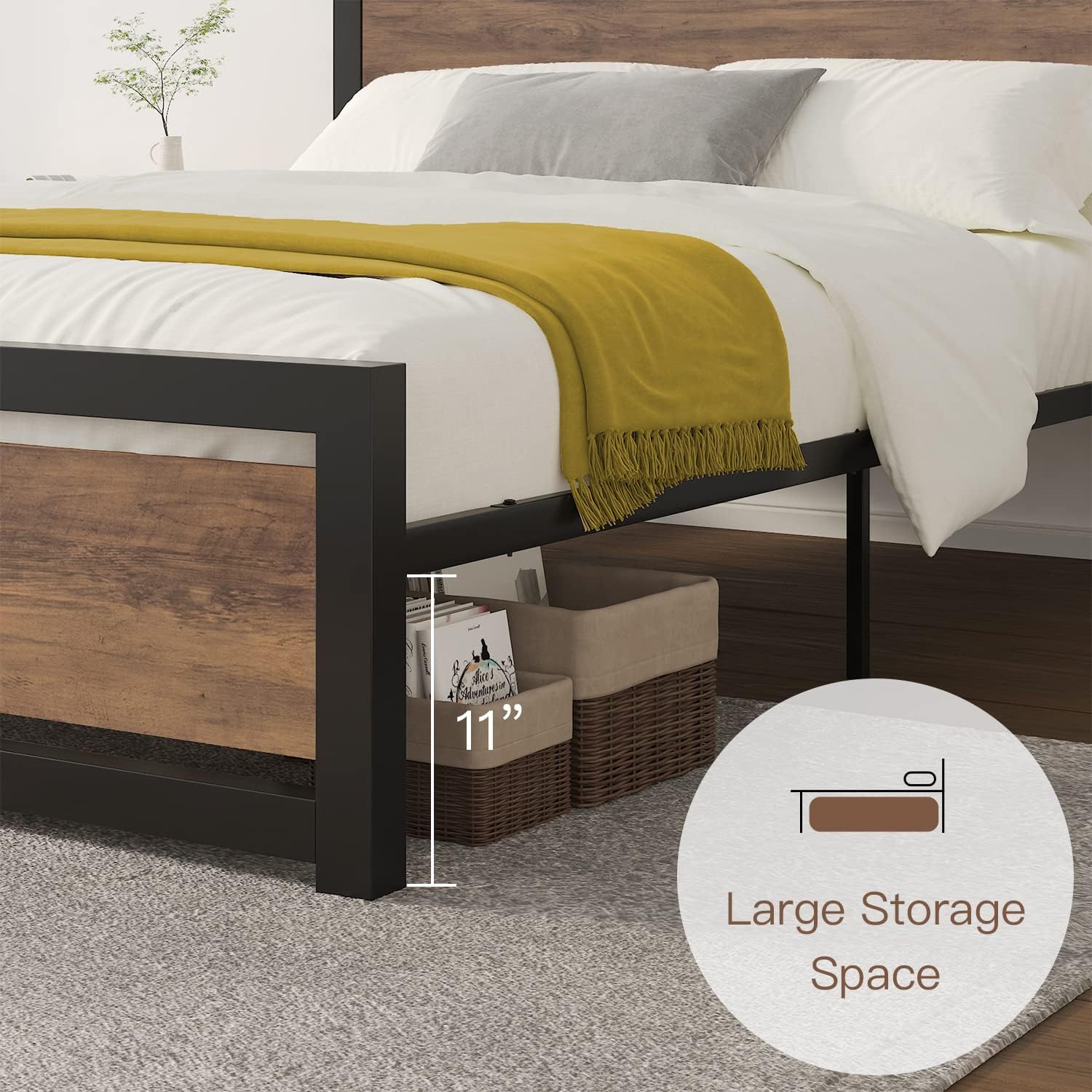 ikalido Queen Metal Platform Bed Frame with Wooden Headboard and Footboard, Heavy Duty Metal Strong Supports, Mattress Foundation, No Box Spring Needed, Easy Assembly, Noise-Free