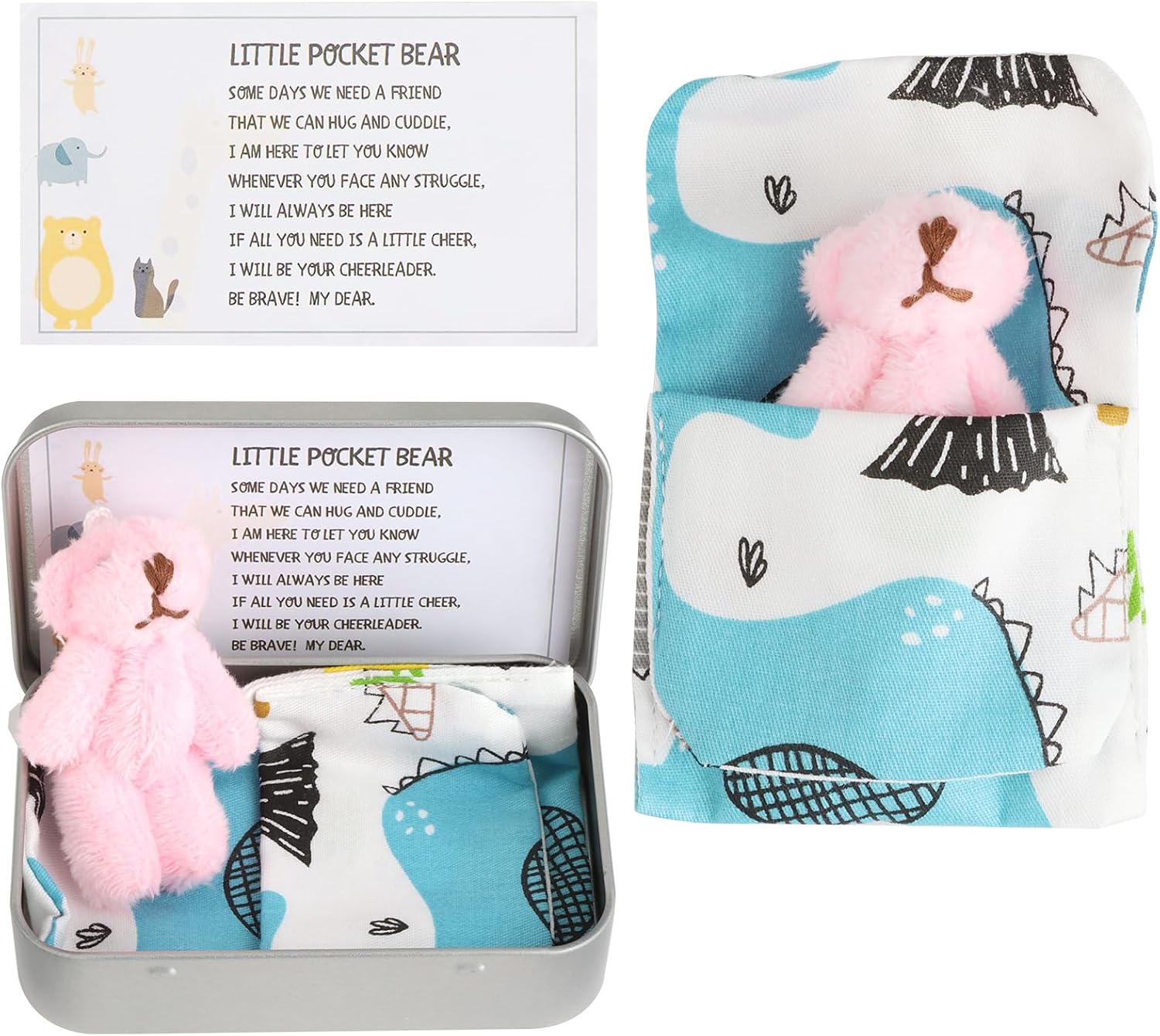 A Teddy Bear Hug in a Tin Box, Mini Plush Pocket Hug Love Token Stuffies Bear Plush Toy Small Cute Doll Tiny Teddy Fun Positive Gift for Mother's Day Graduation Birthday Friend Girl Women Pink