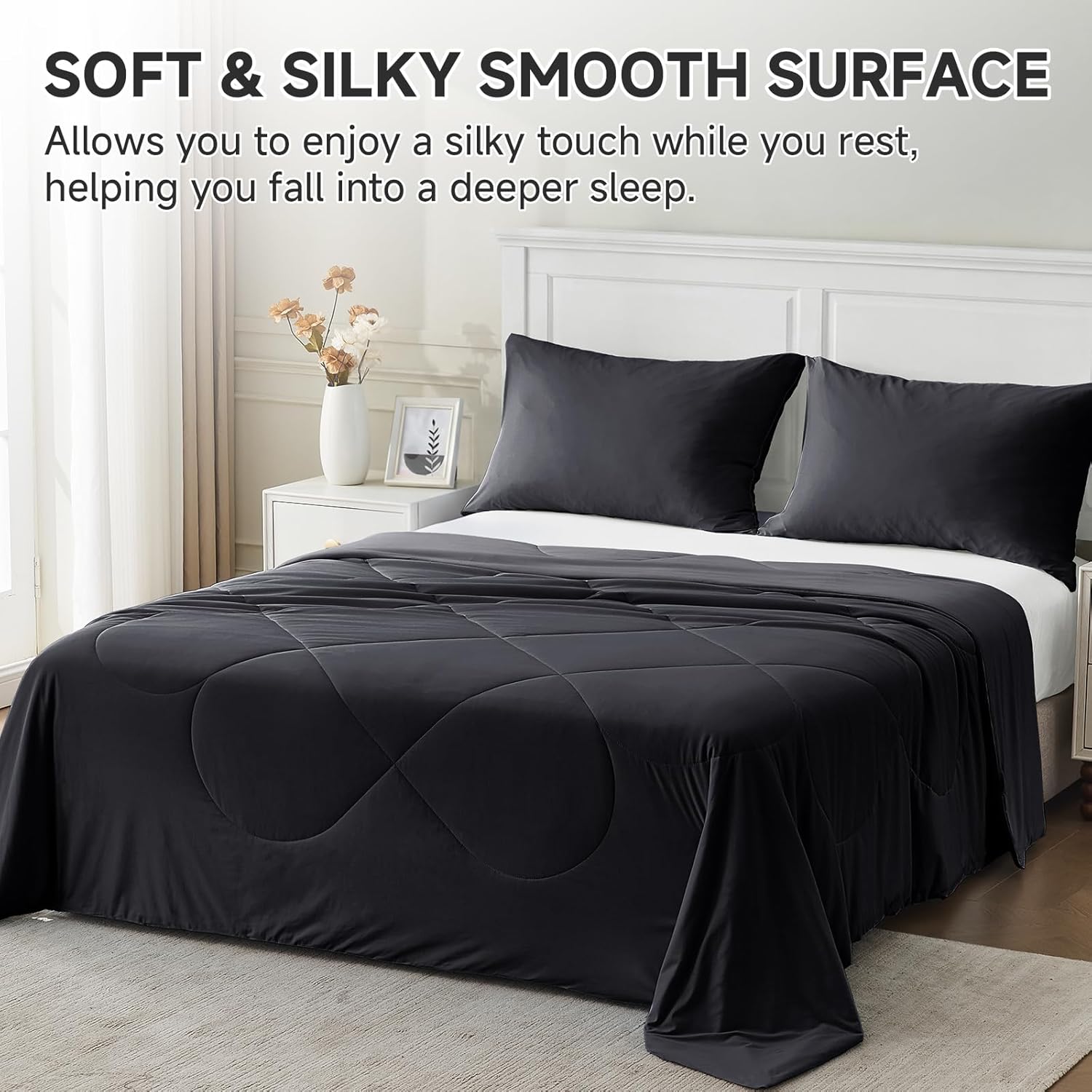 HOMFINE Cooling Comforter Queen Size, Black Summer Cooling Blanket for Hot Sleepers and Night Sweats, Japanese Double-Sided Cold Tech Fabric Q-Max 0.45, Soft Breathable Silky Smooth Lightweight