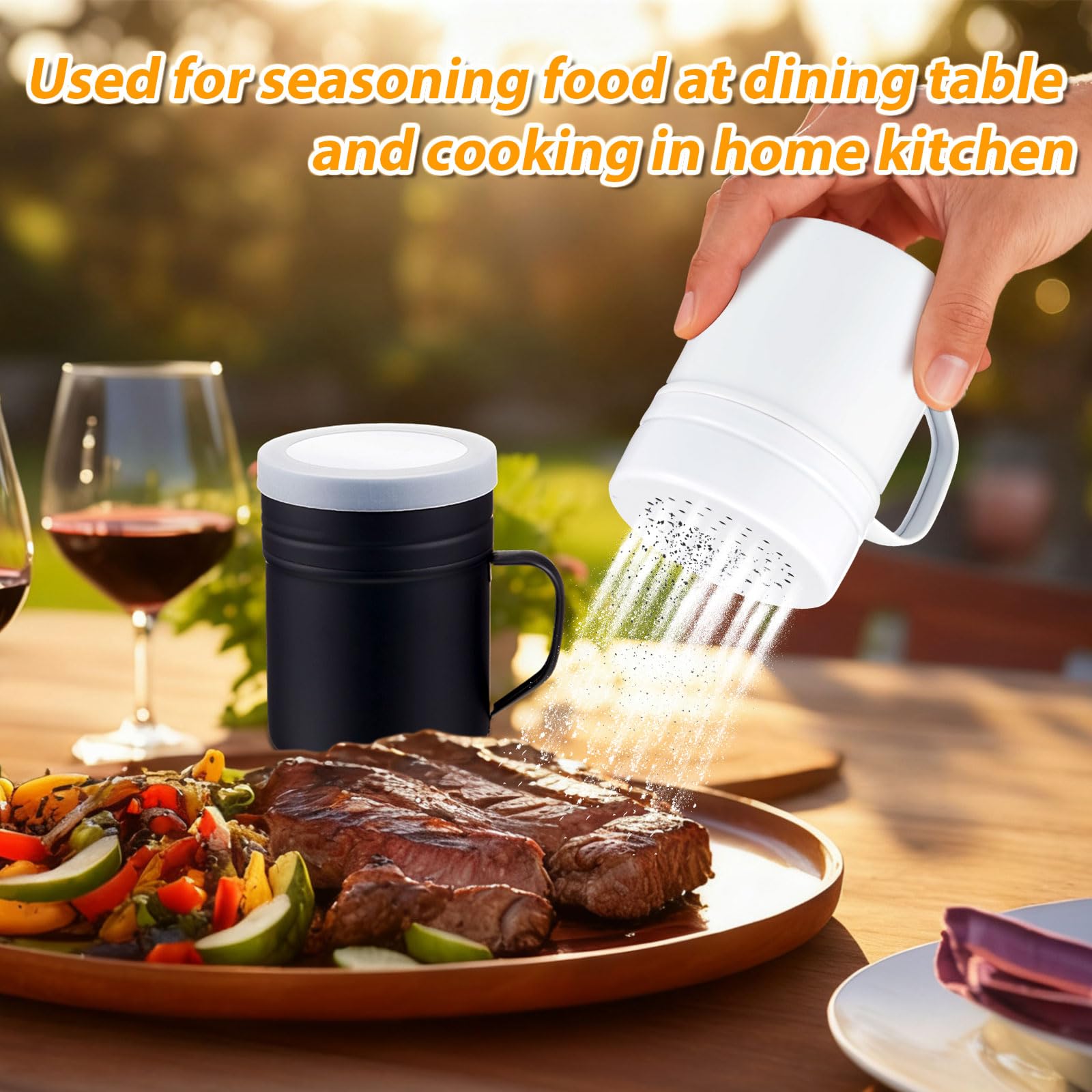 2 saleros y pimenteros de acero inoxidable de 10 onzas con asa y tapa de plástico, botellas de especias de cocina, frasco de condimentos para el hogar, para sal, especias, harina de azúcar