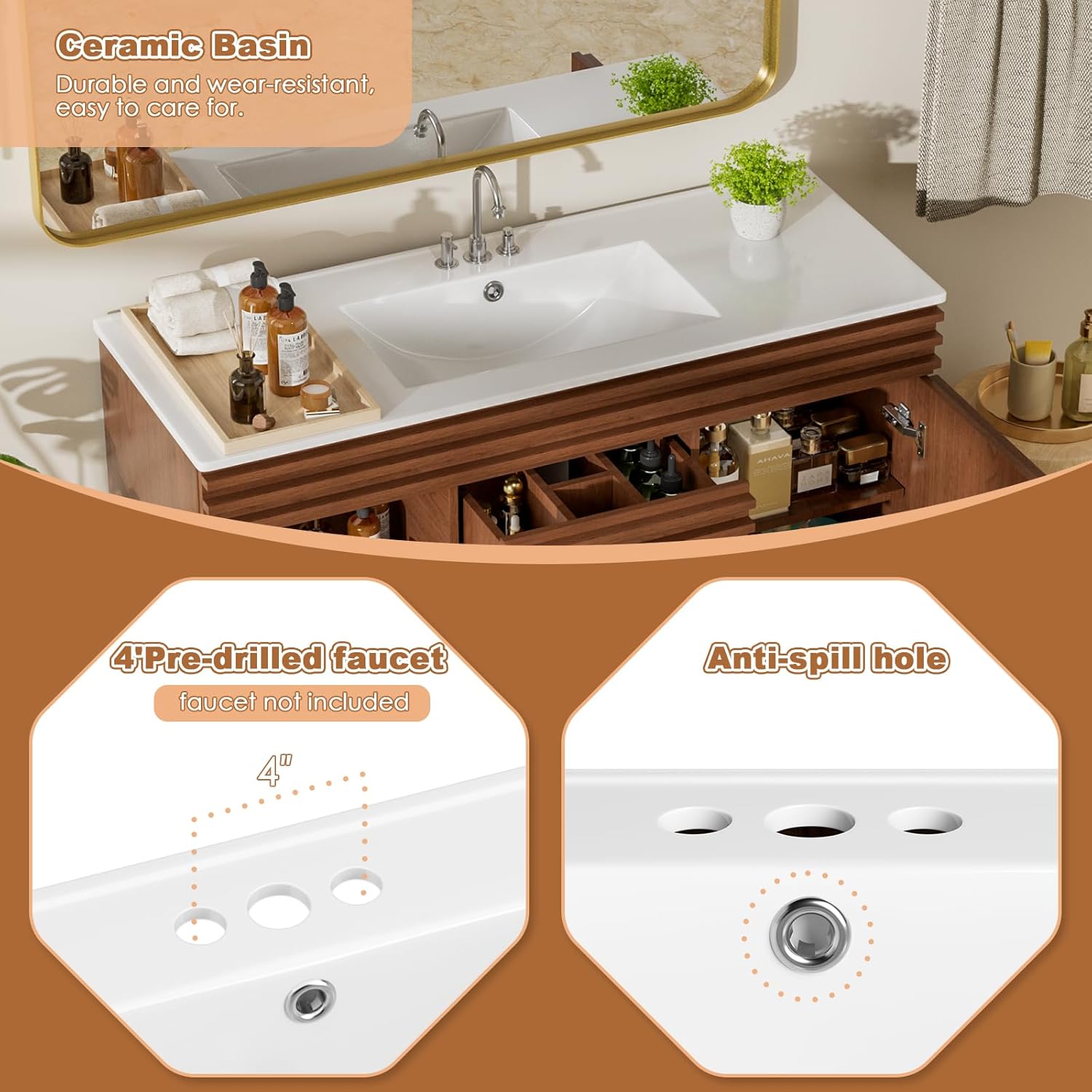 ROOMTEC 48" Bathroom Vanity with Sink, Mid-Century Freestanding Bathroom Vanity Sink with Storage, Undermount Ceramic Sink, Cabinet Particleboard Frame with Wood Grain Laminate, Walnut