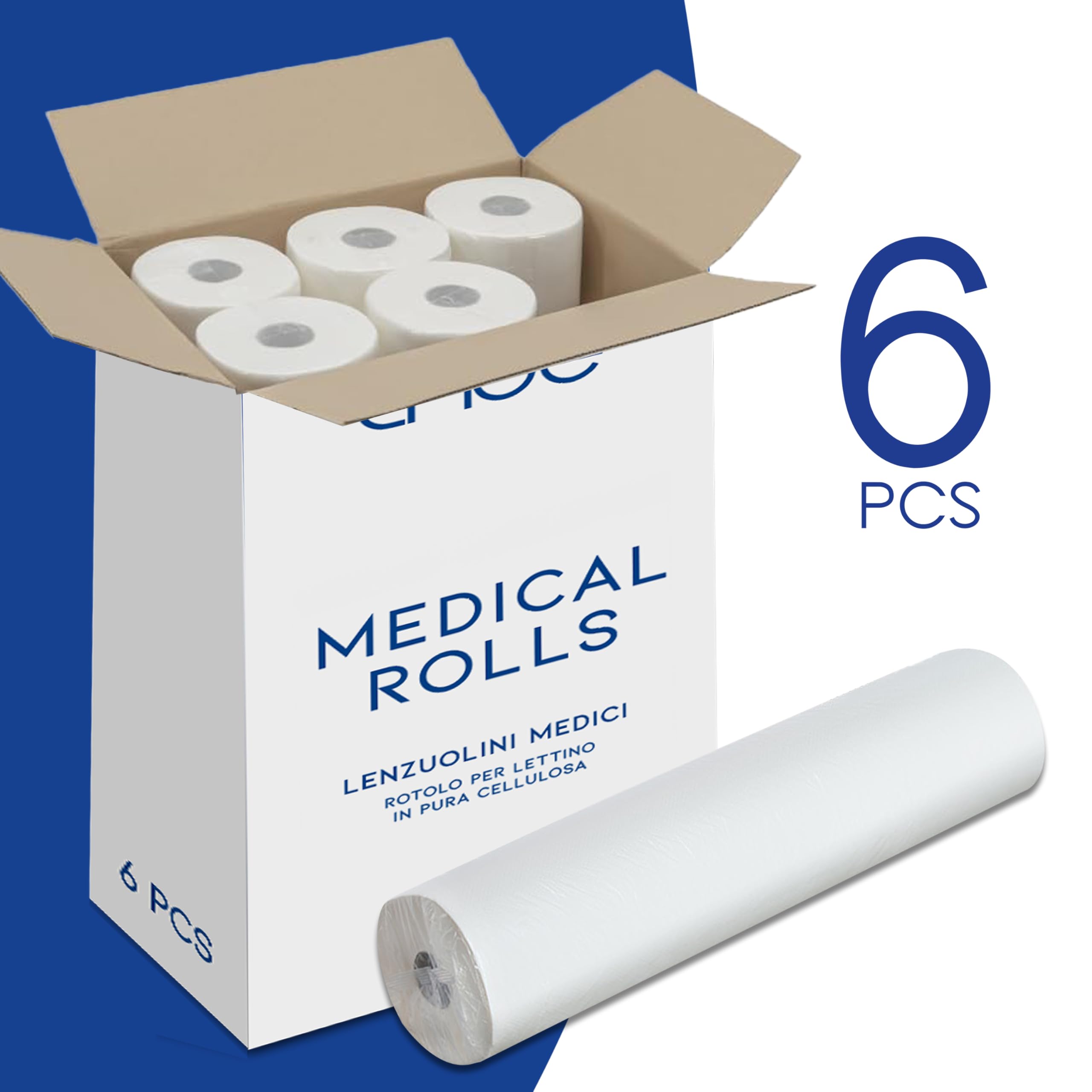 Lage Lot 6 Rouleaux Papier Drap Examen Protection pour Lit Médical, Esthétique, Massage, 100% Cellulose Double Épaisseur, Hygiénique, Hypoallergénique, Prédécoupé Jetable 60 cm x 50 mètres (6 pièces)