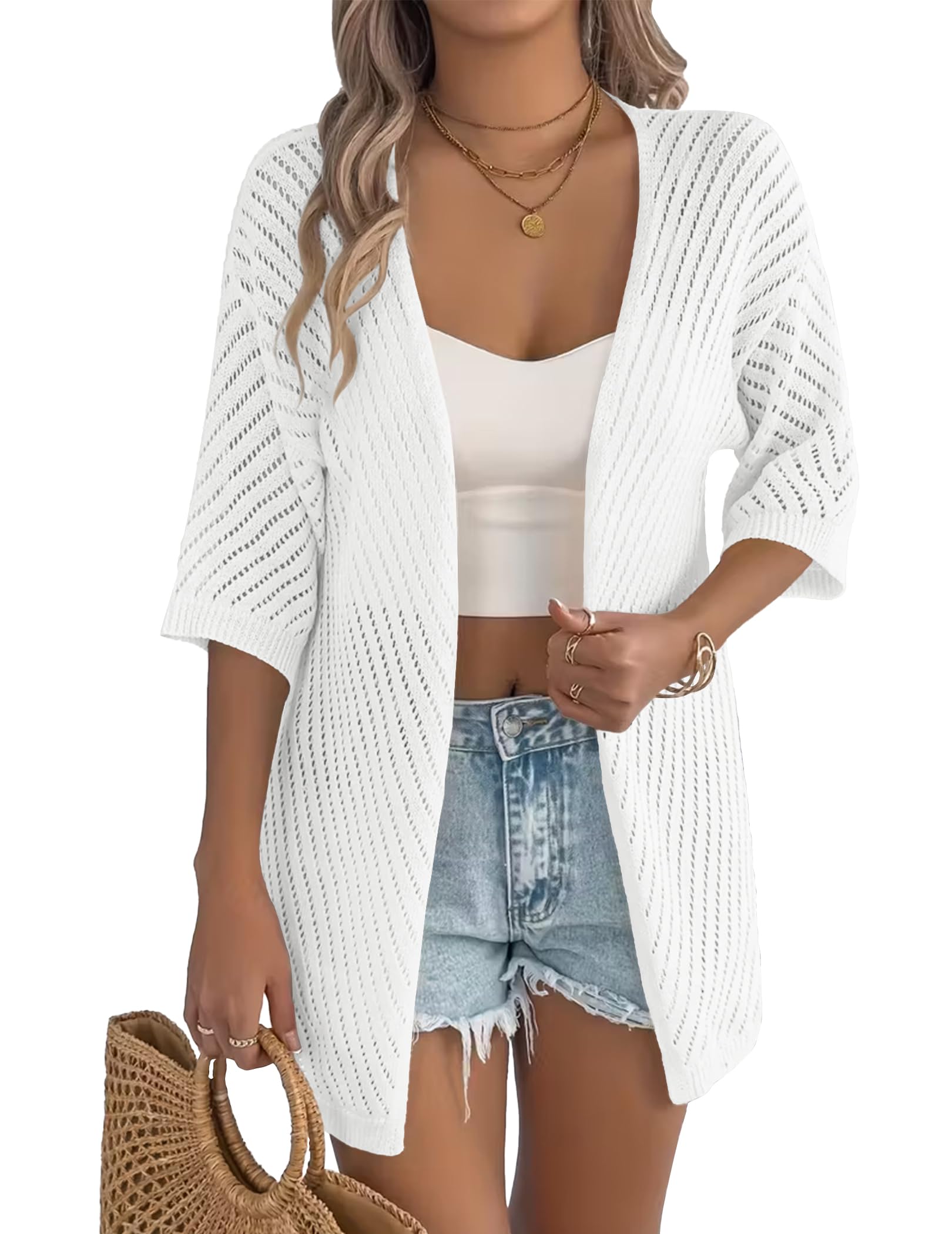 Zeagoo Lightweight Summer Cardigan for Women Short Sleeve V Neck Crochet Kimonos Loose Open Front Hollow Out Cover Ups