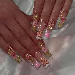 Long Square Press on Nails White French Tip Fake Nails Pink Gradient Glue on Nails with Golden Glitter Swirl 3D Flower Design Acrylic Nails 24Pcs Glossy Stick on False Nails for Women