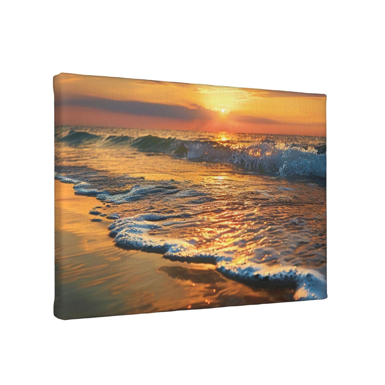 YKLJG Beach Wave Sunset Printed Wall Art Canvas Painting 30x20 CM Wooden Framed Picture Painting Artwork Prints for Bedroom Kitchen Home Office Decor