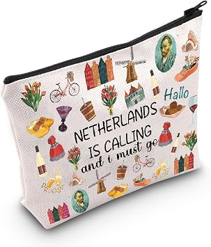 POFULL Netherlands Calling Cosmetic Bag - Multicolor Marble Print, Water-Resistant Canvas, Unisex Travel Makeup Bag