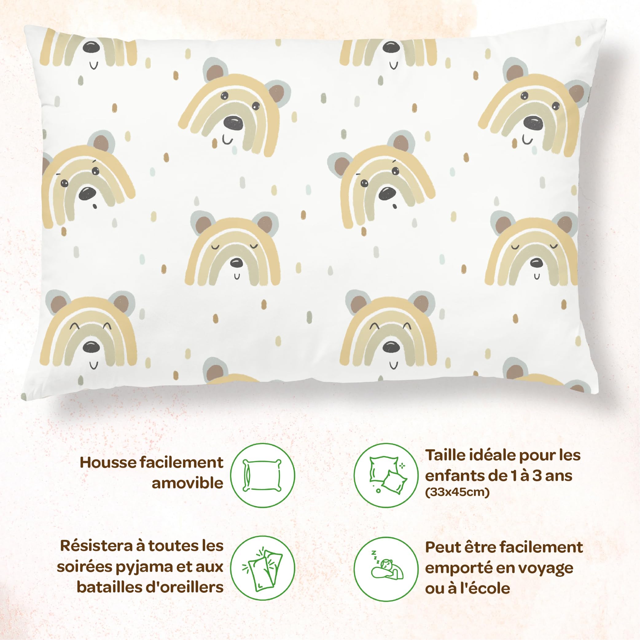 Oreiller Enfant avec Taie 33X45 Cm en Coton Oeko-tex - Coussin Bebe pour Siestes Ecole Maternelle Et Voyages - Lavable en Machine - Oreiller Enfant 1-3 Ans - Coussin Lecture Enfant Chambre Fille